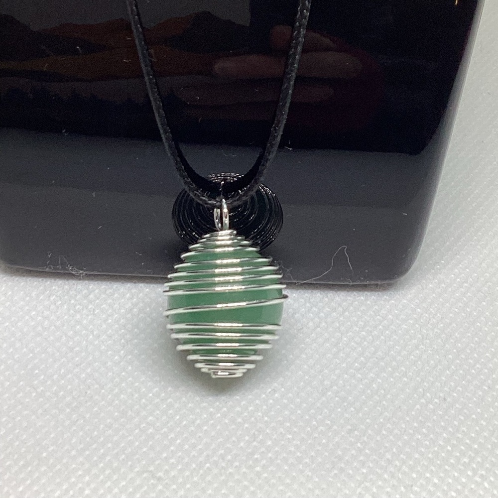 Green and Silver tone wire wrapped pendant necklace